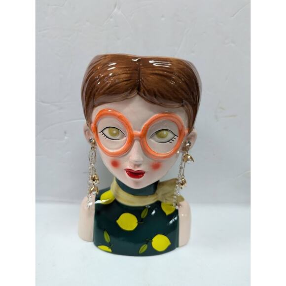 Large Ceramic Fruit lady headvase planter Multi 9" tall LEMON LUSH spectacles - Picture 9 of 9
